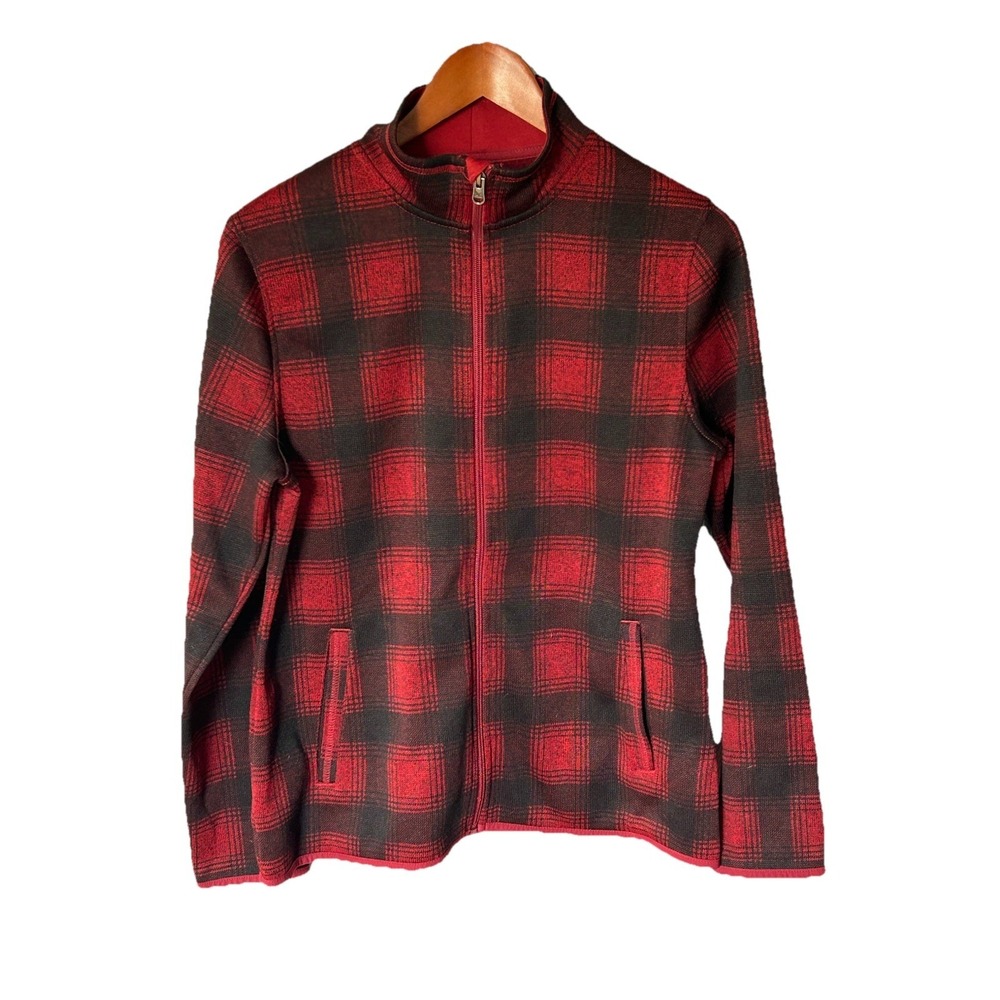 Eddie Bauer Womens Fleece Jacket Size M Full Zip Buffalo Plaid Red Outdoors